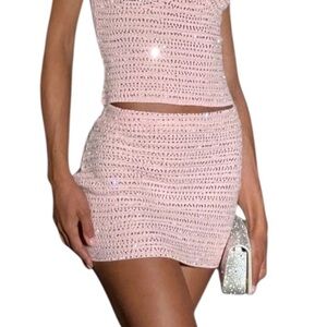 NWT Meshki Irie Embellished Rhinestone Crochet Knit Mini Skirt Candy Pink Size S